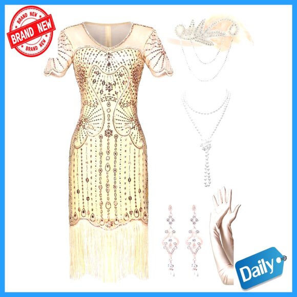 Dresses & Skirts - Vintage 1920s Flapper Dress with Beaded Sleeves and Fringe Hem